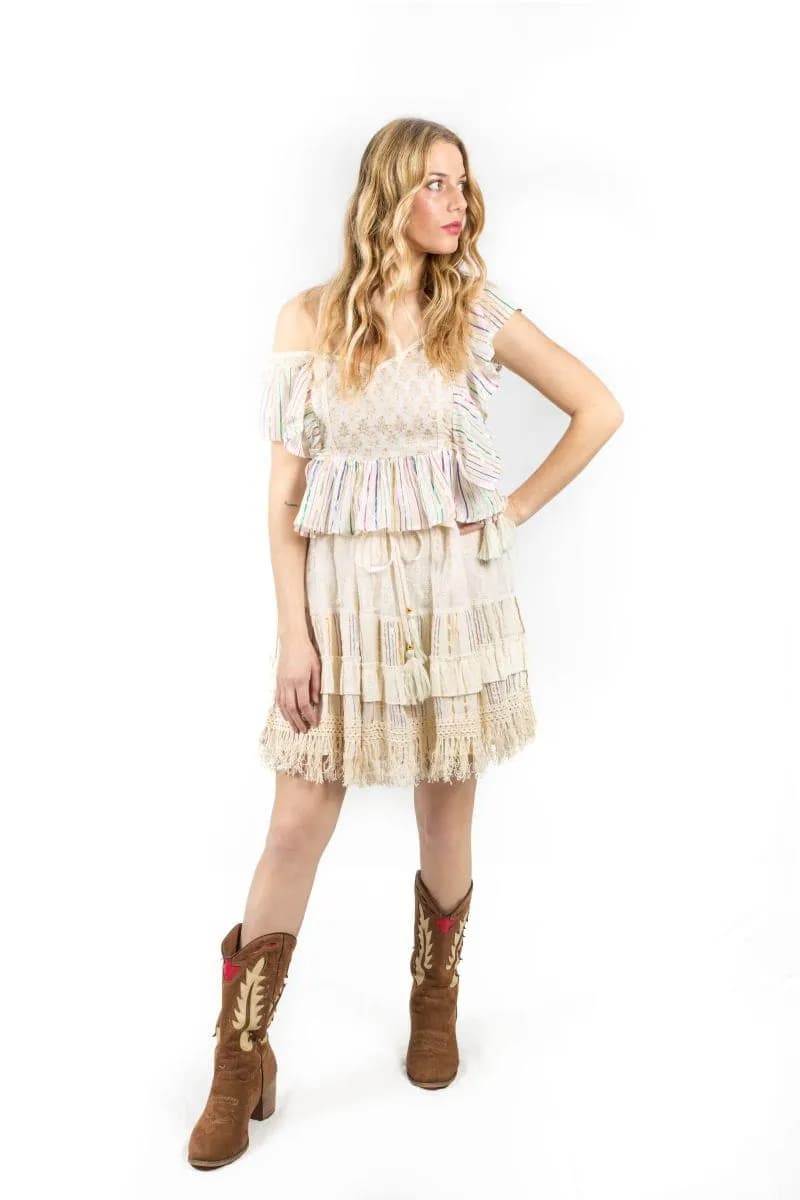 SAVAGE CULTURE Bluse Marrakesch Beige mit Volants und Quasten für Damen - M
