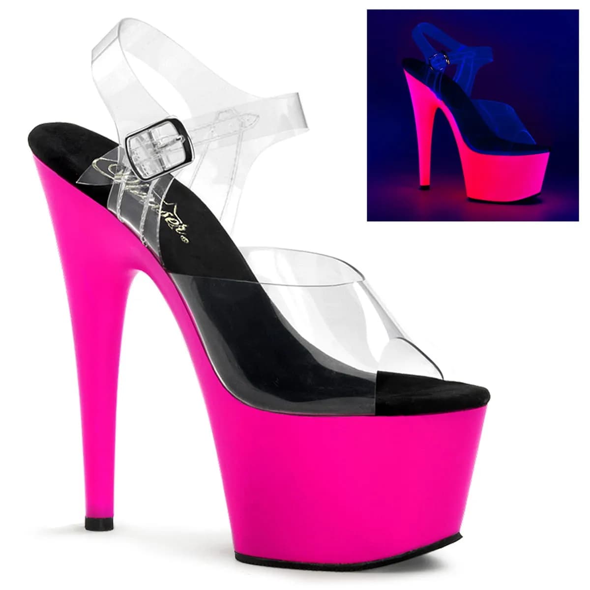 Pleaser ADORE-708UV Damen Sandale Transparent Neon Pink EU 42