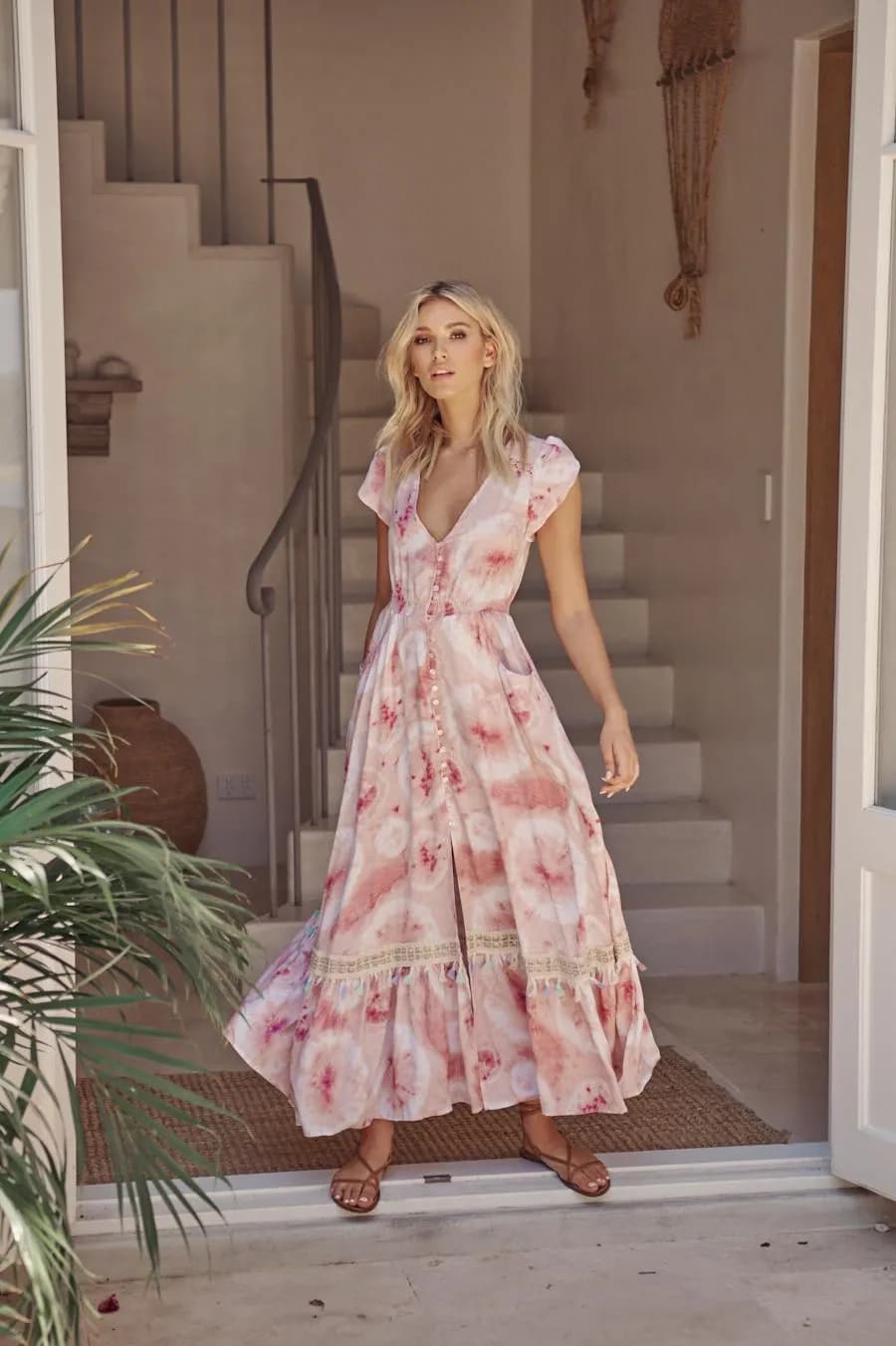 JAASE Jayda Print Carmen Maxi Kleid in Weiß - Elegantes Sommeroutfit -  XS
