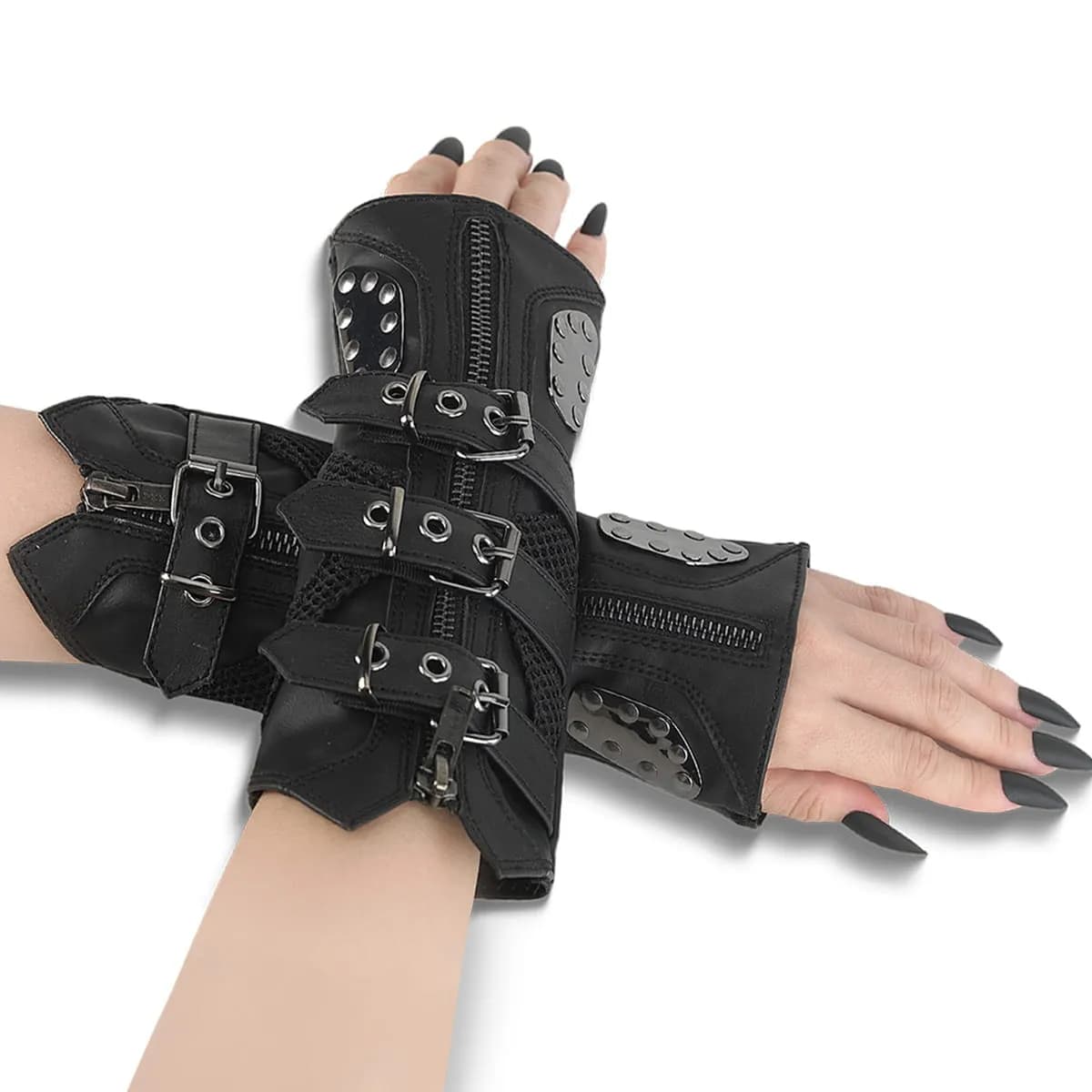 DemoniaCult DA-457 Armstulpen Stretch Kunstleder mit Riemen Schwarz