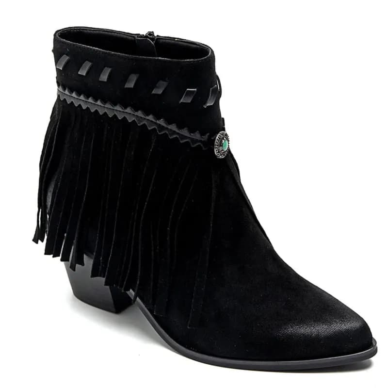 PeachyBoots Boho Western Booties Schwarz mit Fransen