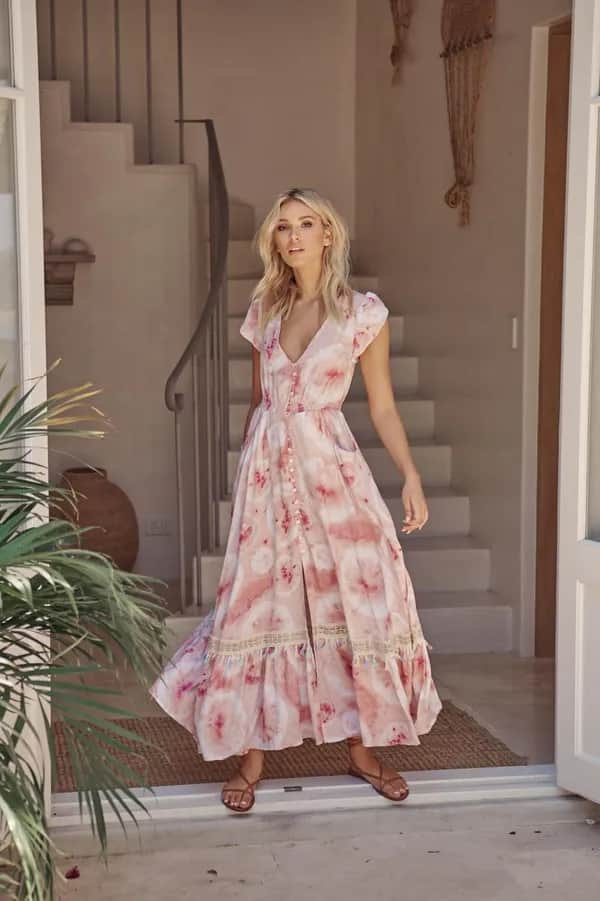 JAASE Jayda Print Carmen Maxi Kleid in Weiß - Elegantes Sommeroutfit - XS