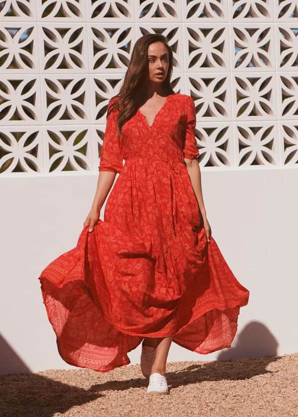 JAASE Rote Laterne Charlie Maxi Kleid – Elegantes rotes Sommerkleid - S