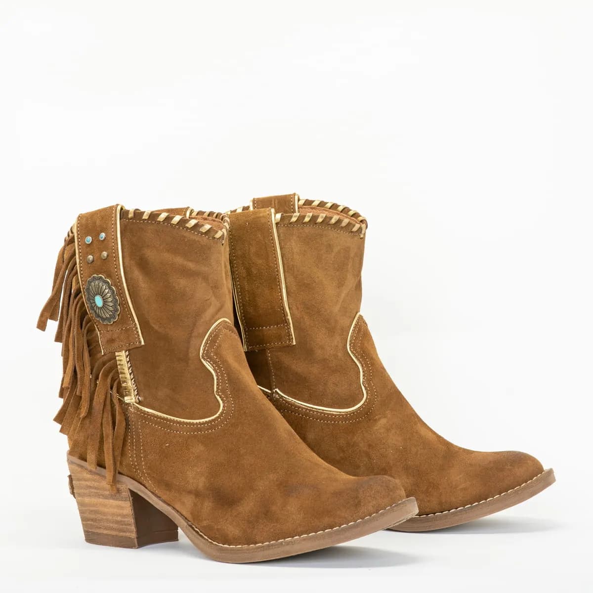 NEMONIC Boho Wildleder Fransen Ethno Booties Ante Tabaco Braun Gold 2070 - 40