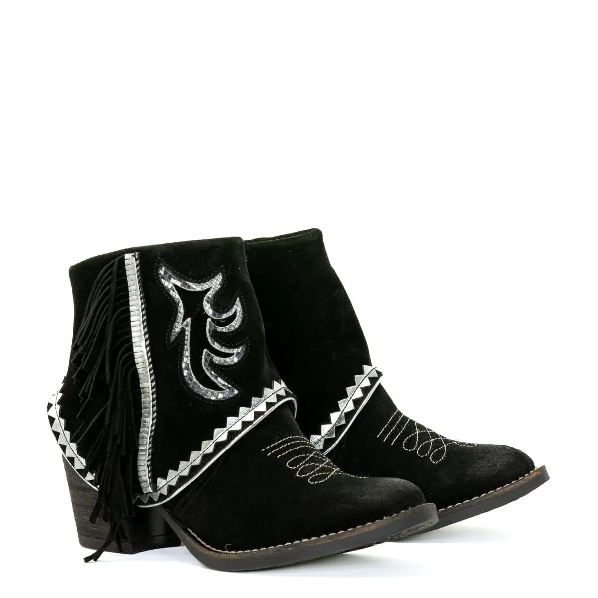 NEMONIC Boho Wildleder Fransen Booties Ante Negro Schwarz Silber 2108