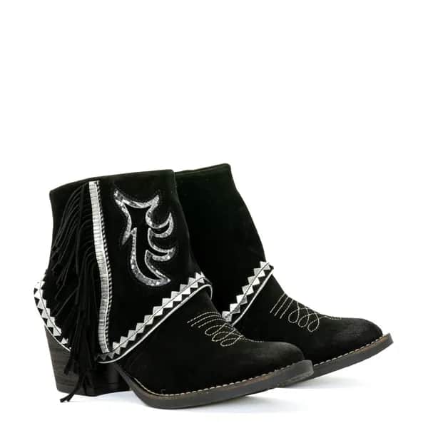 NEMONIC Boho Wildleder Fransen Booties Ante Negro Schwarz Silber 2108