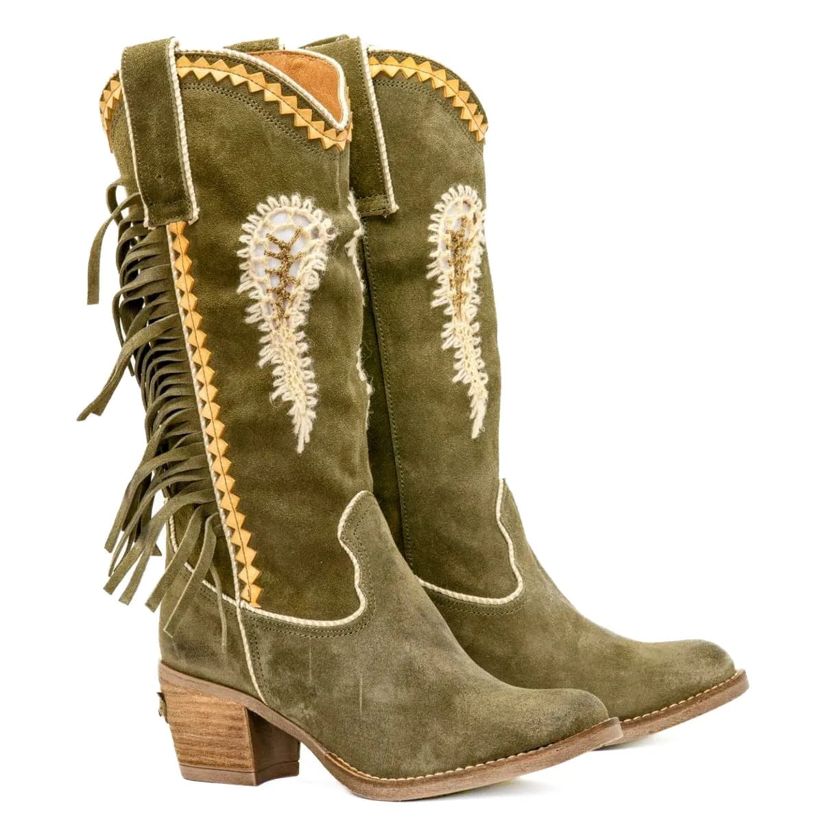 NEMONIC Boho Wildleder Cutout Fransen Stiefel Ante Kaki Grün Gold 2159 - 40